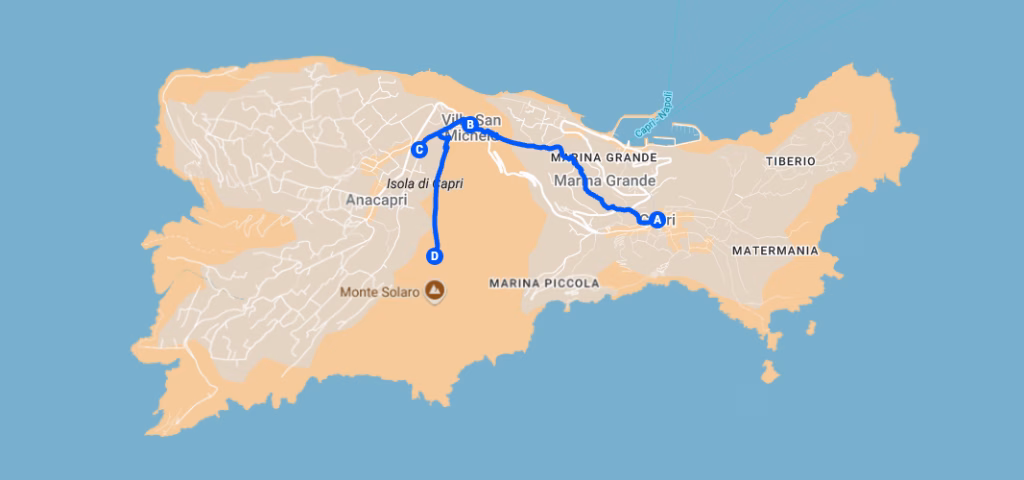 Map showing the route from Capri to Anacapri via Phoenician Steps